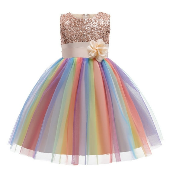 KYAIGUO Toddler Kids Sleeveless Mesh Sequin Dress 3-10Y Rainbow Wedding Party Dress Flower Girl Ball Gown Tulle Prom Party Dress