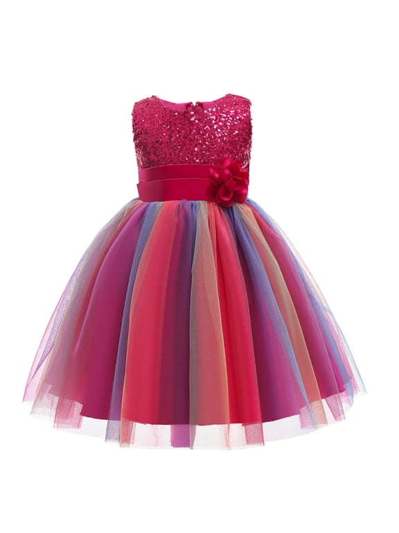 Kids Toddler Girls Flower Sequin Party Dress 3-10T Rainbow Mesh Tulle Princess Lace Ball Gown Prom Sleeveless Tulle Party Dress