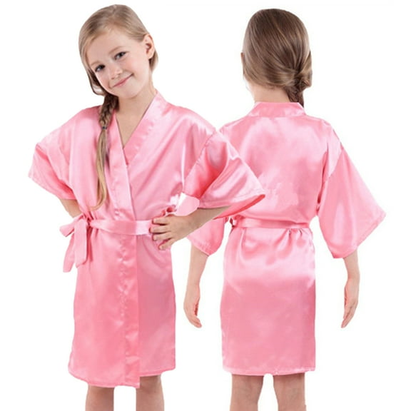 KYAIGUO Toddler Kids Teen Girls Silky Satin Bathrobe Teen Summer Night-Robe Lounge Robes Little Big Girls Solid Color Sleepwear Bathrobe ,Sizes 2-14Y
