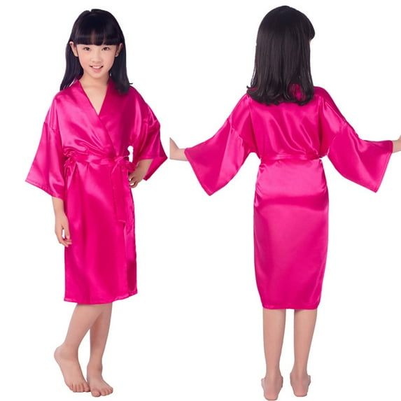 KYAIGUO Toddler Kids Teen Girls Silky Satin Bathrobe Teen Summer Night-Robe Lounge Robes Little Big Girls Solid Color Sleepwear Bathrobe ,Sizes 2-14Y