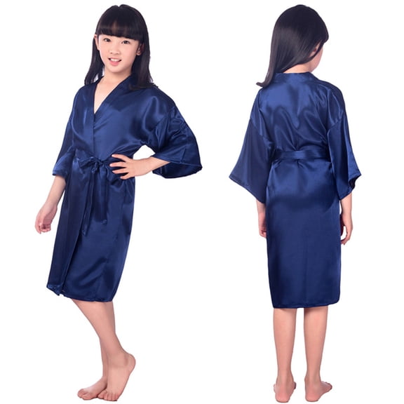 KYAIGUO Toddler Kids Teen Girls Silky Satin Bathrobe Teen Summer Night-Robe Lounge Robes Little Big Girls Solid Color Sleepwear Bathrobe ,Sizes 2-14Y