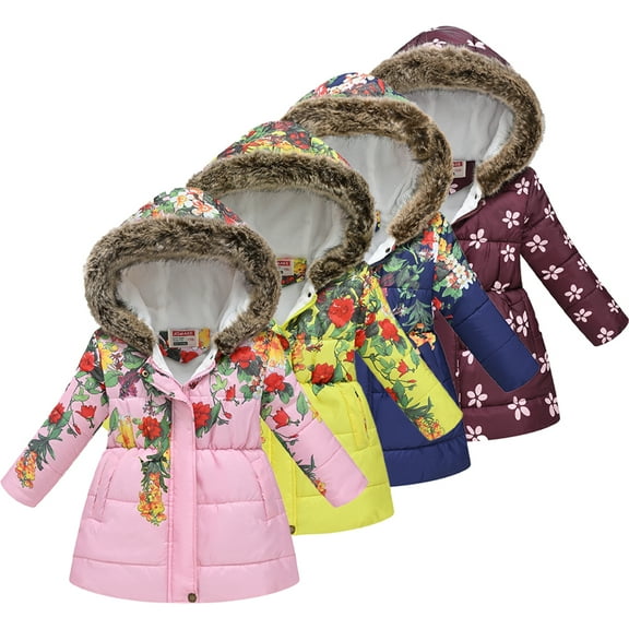 KYAIGUO Toddler Kids Winter Outerwear Hooded Cotton Jacket for Girls,Baby Medium Length Printed Warm Cotton Jacket Little Big Girls Snow Coat,Size 3-12T