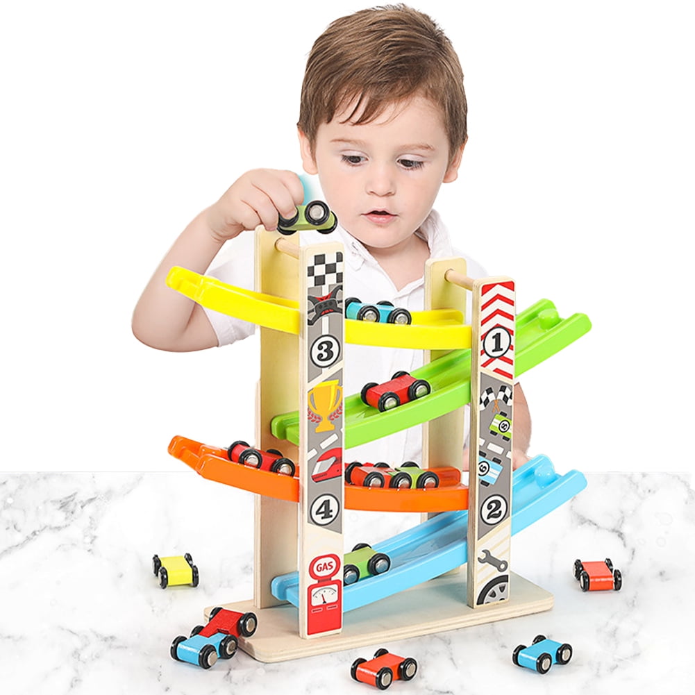 Wooden Car Ramp Race Track Toy - Toddler Car Playset - Replacement Cars 4 Pack - Matching Click Clack Track Vehicles Toddlers - Racing First Sport Cars For 18 Months -Stocking Fillers