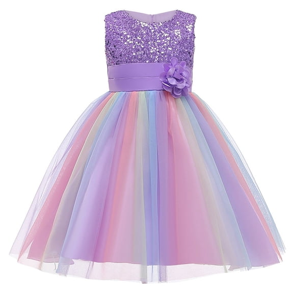 KYAIGUO 3-10T Kids Toddler Girls Flower Sequin Party Dress Rainbow Mesh Tulle Princess Lace Ball Gown Prom Sleeveless Tulle Party Dress