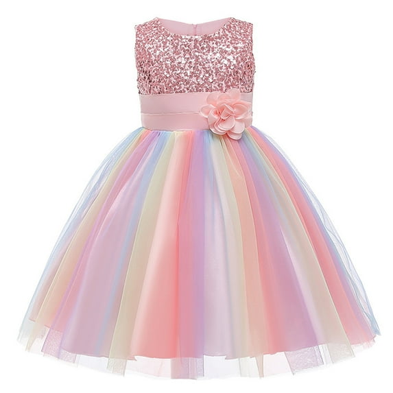 KYAIGUO Toddler Sleeveless Mesh Sequin Dress Rainbow Wedding Party Dress Kids Flower Girl Ball Gown Party Dress Tulle Prom 3-10Y