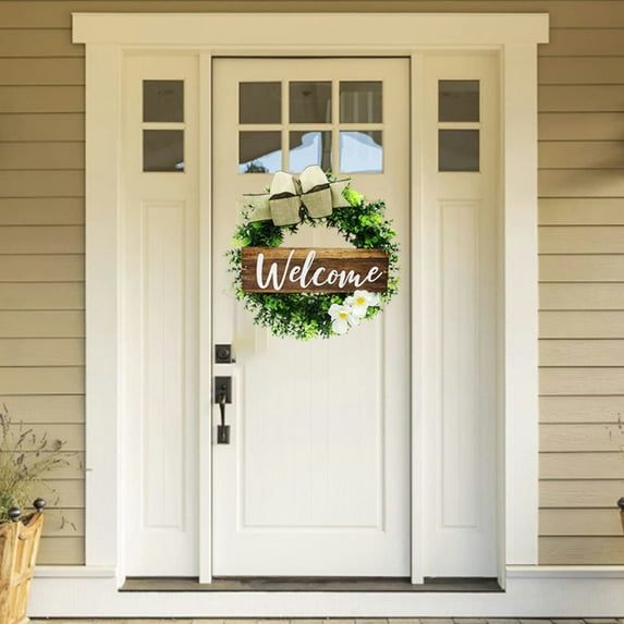 KYAIGUO Welcome Wreaths, Wooden Alphabet Window Door Hanging Decoration Wreath Suitable for Indoor, Outdoor, Holiday Celebration 18inch