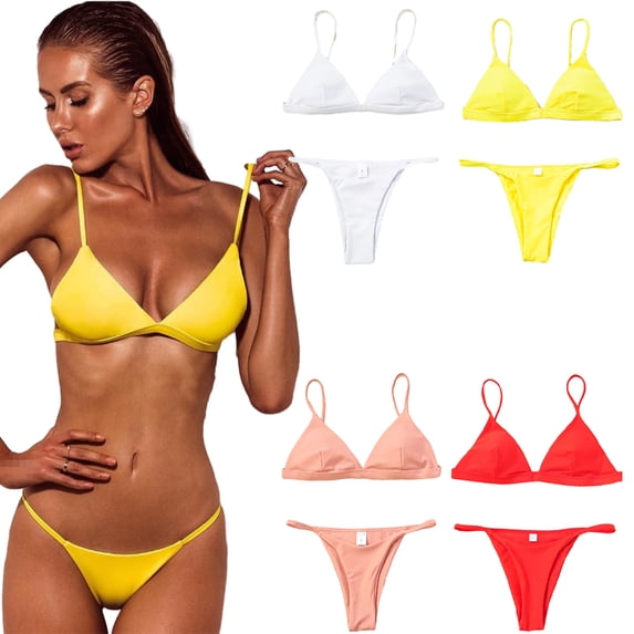 KYAIGUO Women Beach Bikini Set Two Piece Swimsuit Triangle Bathing Suits Double Shoulder Straps Bikini Set Solid Color Swimwear