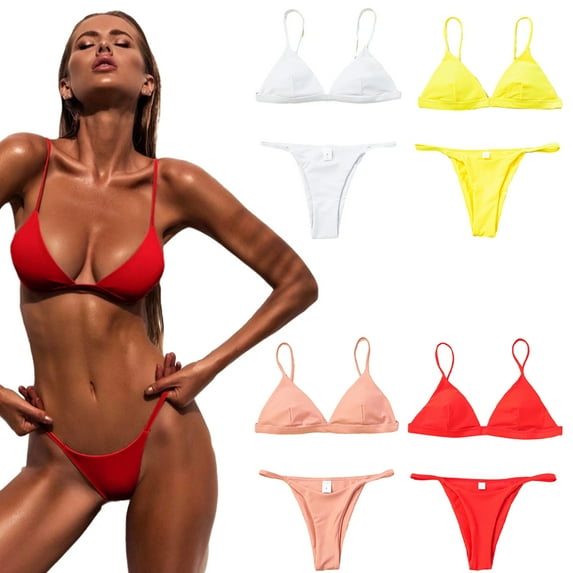 KYAIGUO Women Beach Bikini Set Two Piece Swimsuit Triangle Bathing Suits Double Shoulder Straps Bikini Set Solid Color Swimwear