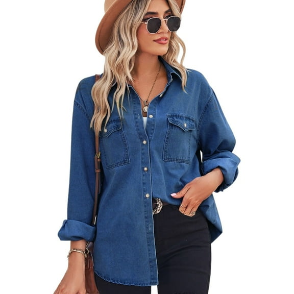 KYAIGUO Women Denim Shirt S-XL Button down Chambray Jean Western Shirts Long Sleeve Shirts Tops