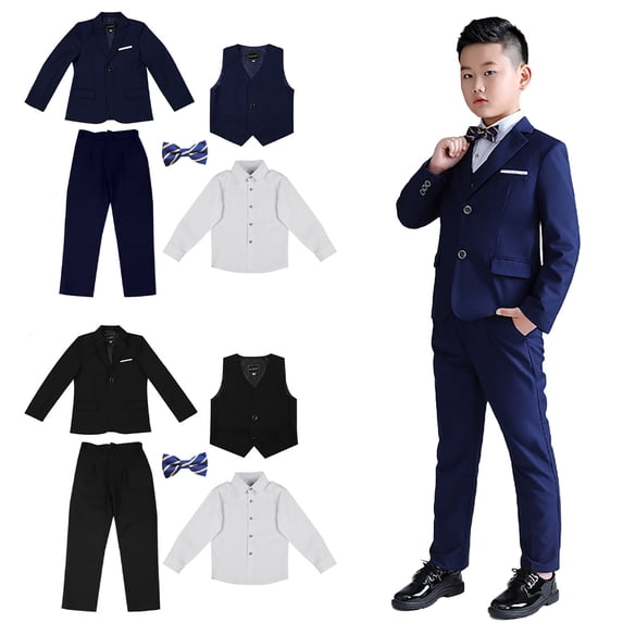 KYAIGUO Youth Kids Boys Gentleman 5PCS Outfit Formal Suits Set for 5-16 Years Boys Suit Jacket & Vest & Shirts with Bowtie & Suit Pants Fall Winter Formal Dress Suit for Youth