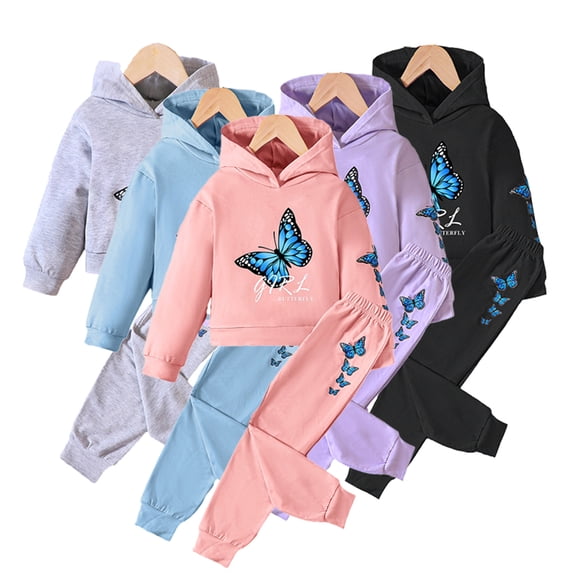 KYAIGUO kids Baby Girls Tracksuit Outfit Spring Fall Butterfly Printing Hooded Sweatshirt Pullover Tops Jogger Pants 2PCS Set for 3-10 Years
