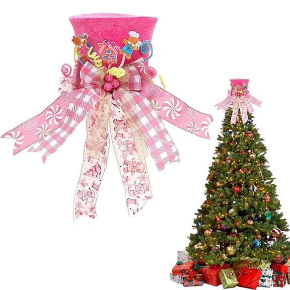 Ktoot Foldable Christmas Tree Topper Hat with Bowknot Pink Velvet Cloth Tree Topper for Holiday Home Decor Farmhouse Rustic Xmas Display Foldable Tree Topper Hat Rustic Tree Topper
