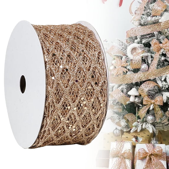 Ktoot Glitter Mesh Wired Ribbon Sparkling Metallic Sheer Crinkle Net Deco Mesh Ribbon for Christmas Tree Wrapping Crafts Bows Wreaths Garland Holiday Decor Champagne Gold Glitter Wired Ribbon