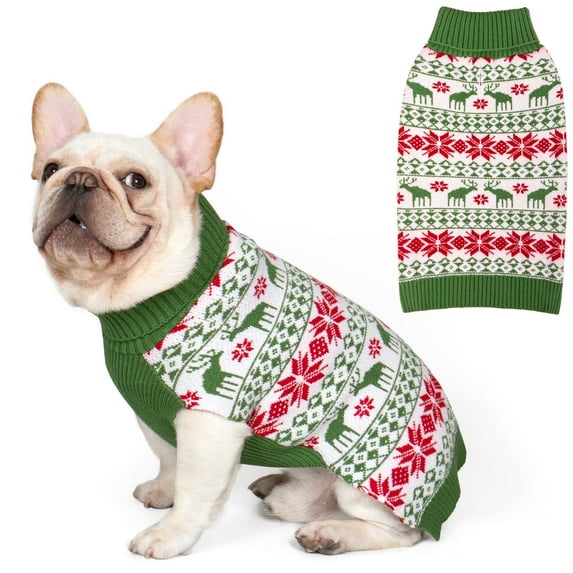 KYEESE Dog Christmas Sweater, Green with Snowflake & Reindeer Pattern, Dog Sweater for Small Dogs, XL