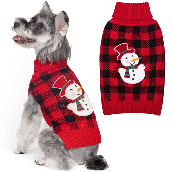 KYEESE Dog Christmas Sweater, Red Black Plaid with Snowman Pattern, Dog Sweater for Small Dogs, M