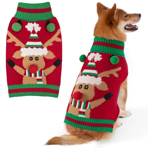 KYEESE Dog Christmas Sweater, Reindeer Pattern, Dog Sweater for Small Dogs, XL