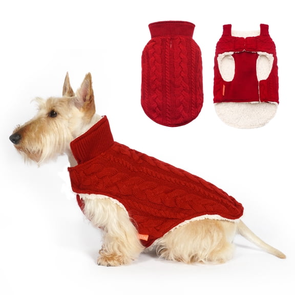KYEESE Dog Coat, Sherpa-Lined Cable Knit Dog Sweater for Small and Medium Dogs, Red, M