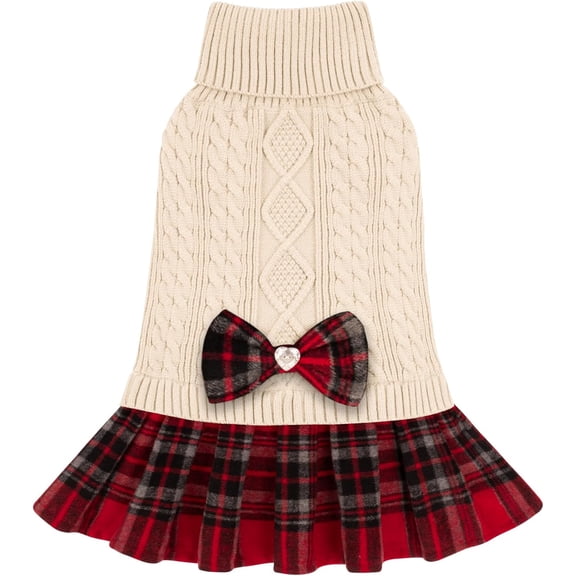 KYEESE Dog Sweater, Beige Turtleneck Sweater Dress with Bowtie, Dog Sweater for Small Dogs, M