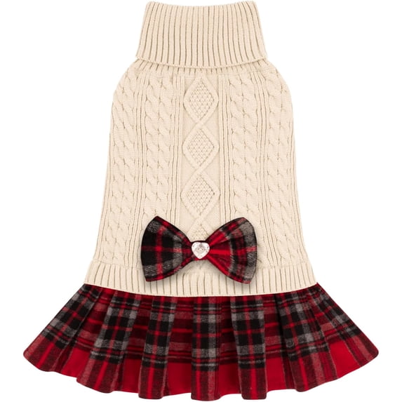 KYEESE Dog Sweater, Beige Turtleneck Sweater Dress with Bowtie, Dog Sweater for Small Dogs, S