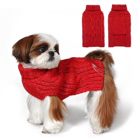 KYEESE Dog Sweater, Cable Knit Turtleneck Sweater for Small and Medium Dogs, Red with Gold Thread, M