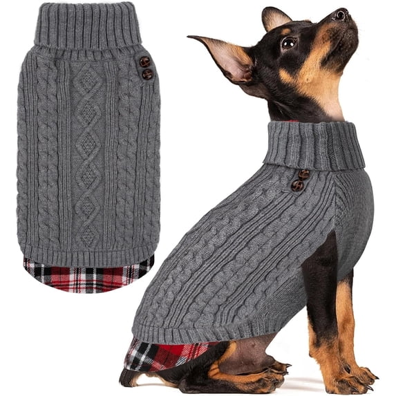 KYEESE Dog Sweater, Grey Turtleneck Sweater with Gingham Patchwork, Dog Sweater for Small Dogs, XS