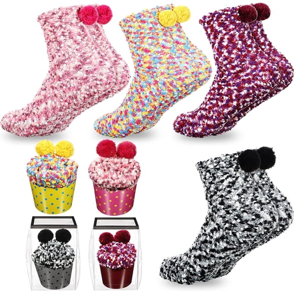 KYGABAK 4 Pairs Christmas Fuzzy Cupcake Socks for Women Girl Fluffy Slipper Socks DIY Gift Boxes for Winter Valentines-Style C