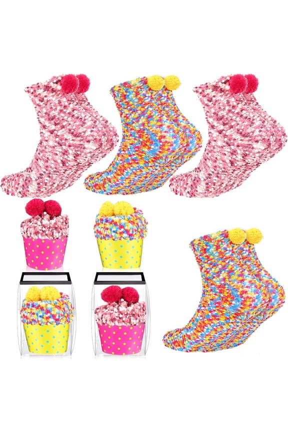 4 Pairs Christmas Fuzzy Cupcake Socks for Women Girl Fluffy Slipper Socks DIY Gift Boxes for Winter Valentines-Style D