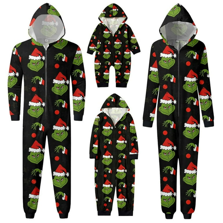 KYGABAK Grinch Onesie Grinch Costume Grinch Pajamas Hooded Onesie Pajamas Christmas Print Family Matching Hooded Long Sleeved Zippered Jumpsuit