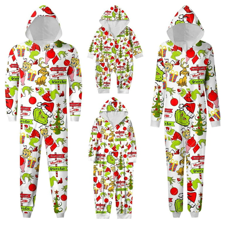 KYGABAK Grinch Pajamas Mom Dad and Baby Matching Outfits Grinch Onesie Hooded Onesie Pajamas Fashion Printed Family Matching Hooded Long Sleeved