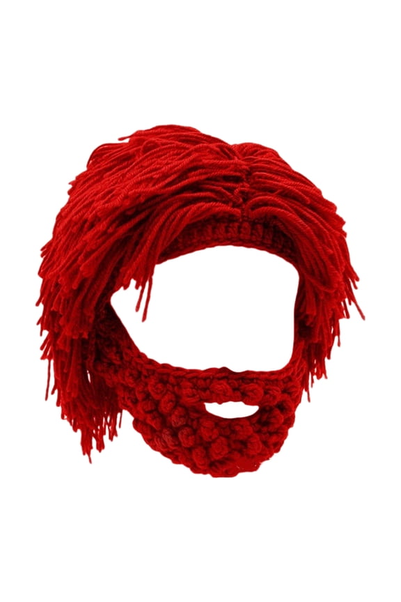 Wig Beard Knitted Hats Creative Barbarian Knit Wig Beanie Funny Knit Hat Beard Funny Party Beanies Ski Mask-Red