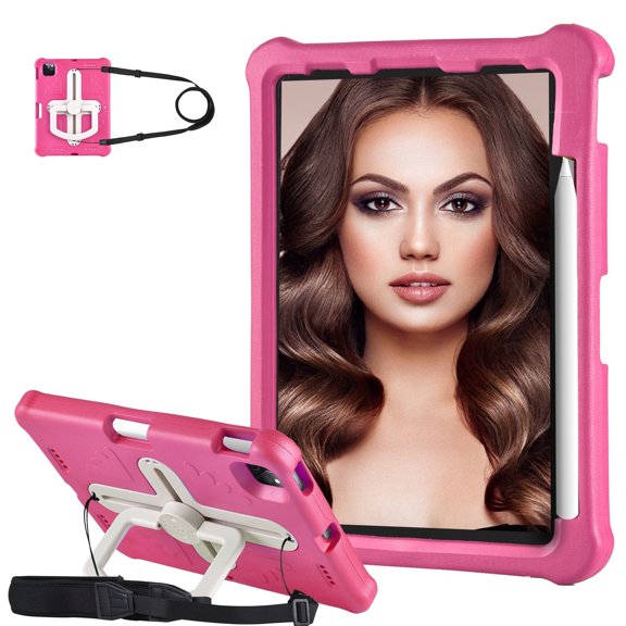 KYJX Kids Case for iPad Pro 11 Case (4th 2022/3rd 2021/2nd 2020/1st 2018) with Shoulder Strap, Shockproof Handle Kickstand, Rose