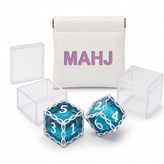 KYJiuLiu Liquid Core Numbered Mahjong Dice Set, 2 18mm Resin D6 Dice with Moving Glitter, 2 Acrylic Boxes and PU Storage Pouch