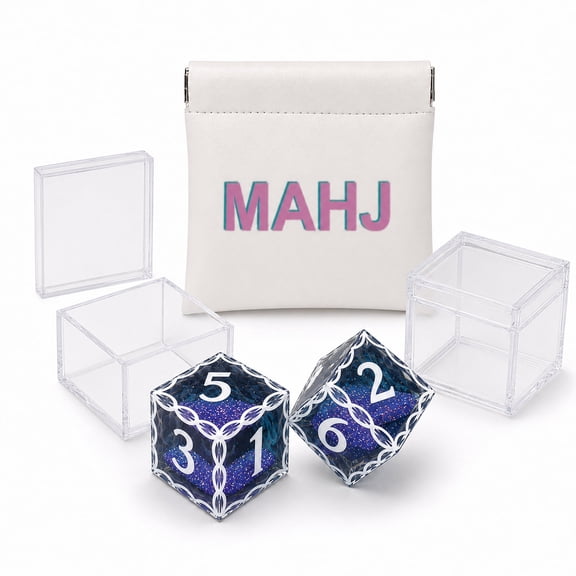 KYJiuLiu Liquid Core Numbered Mahjong Dice Set, 2 18mm Resin D6 Dice with Moving Glitter, 2 Acrylic Boxes and PU Storage Pouch