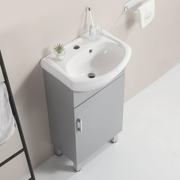 KYLE & KAY 18-inch Mini Vanity with Belly Bowl Ceramic Sink, Narrow Sink Set for Small Spaces, Grey