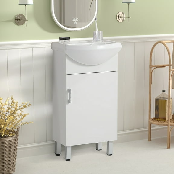 KYLE & KAY 18-inch Mini Vanity with Belly Bowl Ceramic Sink, Narrow Sink Set for Small Spaces, White