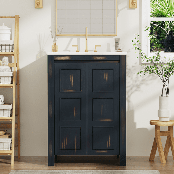 KYLE & KAY 24" Bathroom Vanity with Ceramic Sink,Bathroom Vanity Cabinet with Soft Close,Bathroom Sink Combo with Thickened Wood, Adjustable Shelves, Black