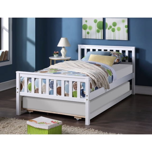 KYLE & KAY Twin Modern Bed with Pull Out Trundle, Trundle Bed Frame with Headboard and Footboard for Bedroom, Small Living Space,Twin for Teenager ,White ﻿