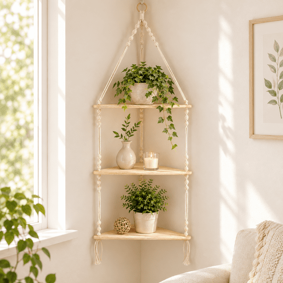 KYNARI 3-Tier Macrame Corner Shelf, Boho Hanging Wall Shelf Handwoven Rope