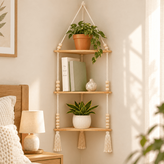 KYNARI 3-Tier Macrame Hanging Corner Shelf, Boho Wood Wall Shelf with Beads