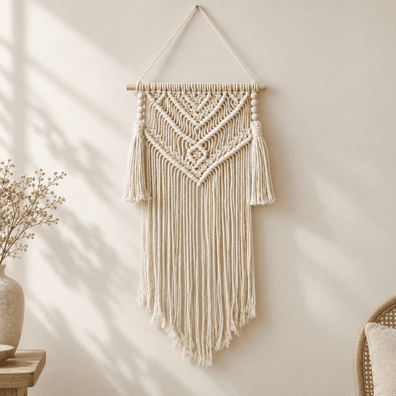KYNARI White Macrame Wall Hanging with Wooden Beads and Tassels，Boho Cotton Rope Wall Decor for Bedroom Living Room