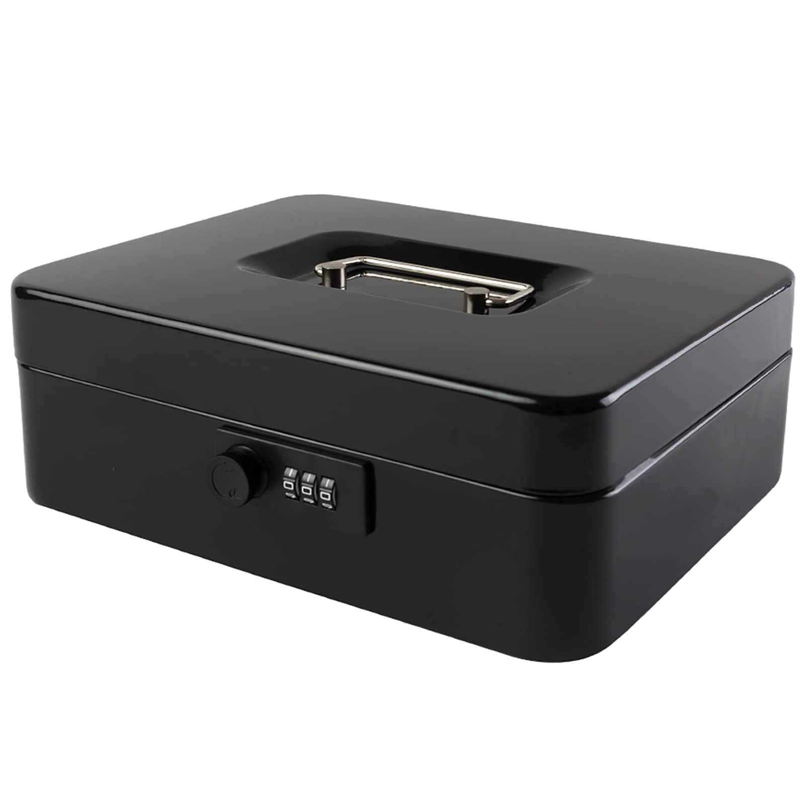 Large Black Metal Cash Box with Combination Lock and Tray