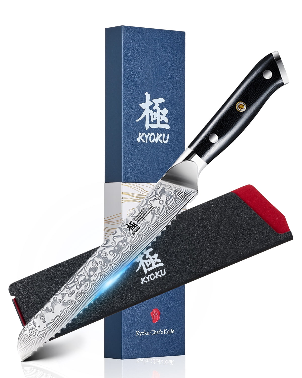 KYOKU Bread Knife, Shogun Gin Series 8" Serrated Bread Knife, Japanese VG10 Damascus Stainless Steel Kitchen Knife with Silver Ion Blade G10 Handle Mosaic Pin, Professional Bread Cutting Slicing Knife