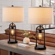 KYRID 21'' Table Lamps Set of 2 with USB Port and Night Light, Modern Farmhouse Bedside Table Lamp with White Drum Shade, Painted Bronze Finish (Bulbs Included)