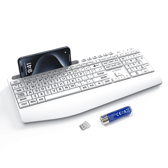 KYSONA Large Print Wireless Keyboard, Full Size Cordless Computer Keyboard with Phone Holder, Palm Rest, Ergonomic Tilt Angle, 2.4G Plug-and-Play, Compatible with Tablet/Windows/Laptop/PC, White