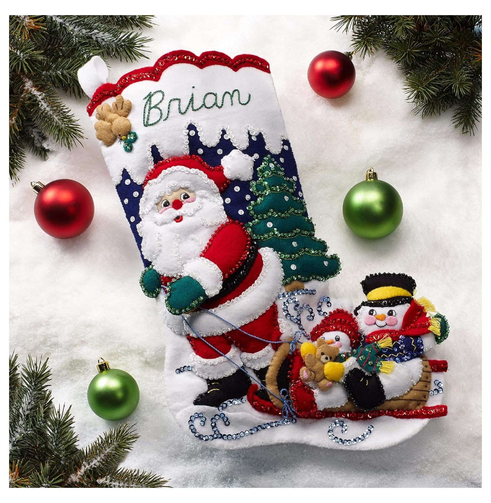 KYTVOLON Felt Applique Stocking Kit, Sledding with Santa 18" Felt