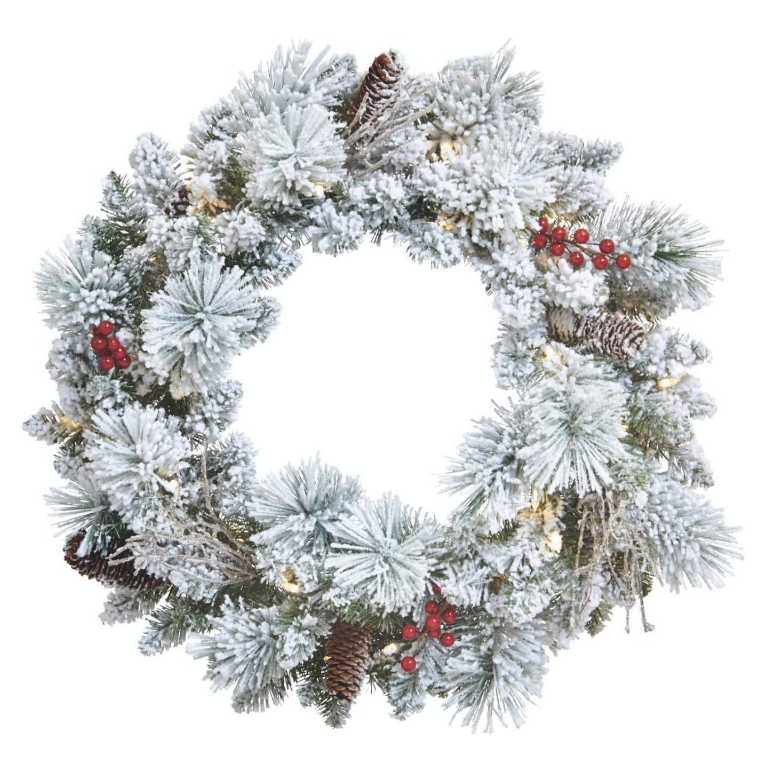 KYTVOLON Prelit 24Inch LED Berry Flocked Christmas Wreath with