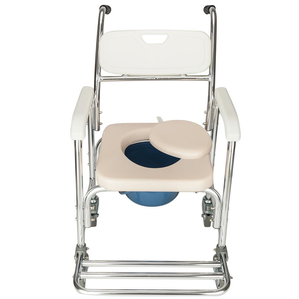 KYUTR  Aluminum Bedside Commode Commode Chair for Toilet with Arms,Transport Chair Rolling Portable Mobile Toilet Padded Wheelchair Shower Bath Chair for Elderly and Disabled,White Beige A