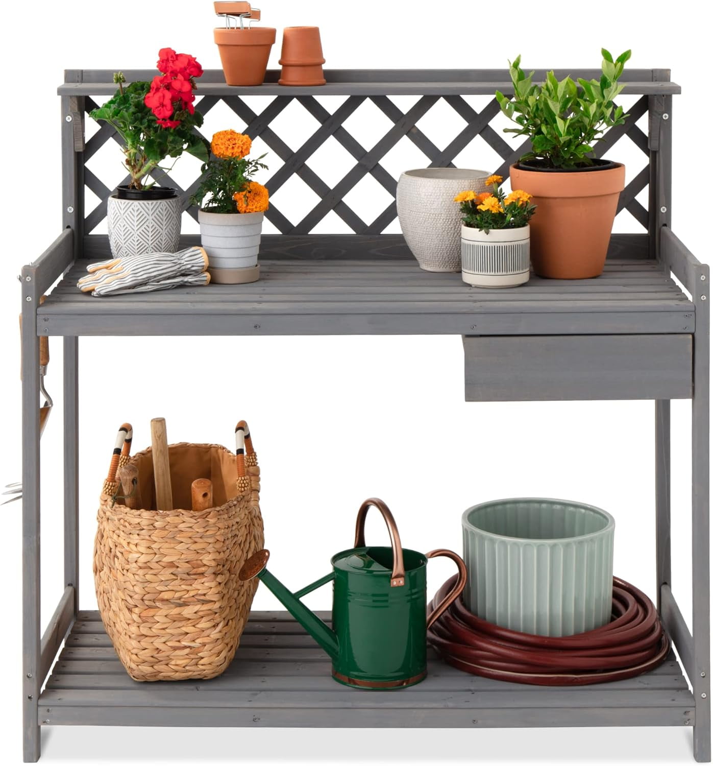 Gray Fir Wood Outdoor Garden Potting Bench with Storage