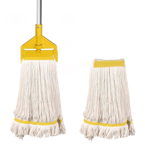 KYascend Heavy Duty Industrial Mop, Commercial Cotton with Long Handle, Looped-End String Wet with 2 Heads for Floor Cleaning, Workshop, Warehouse, Home and Garage