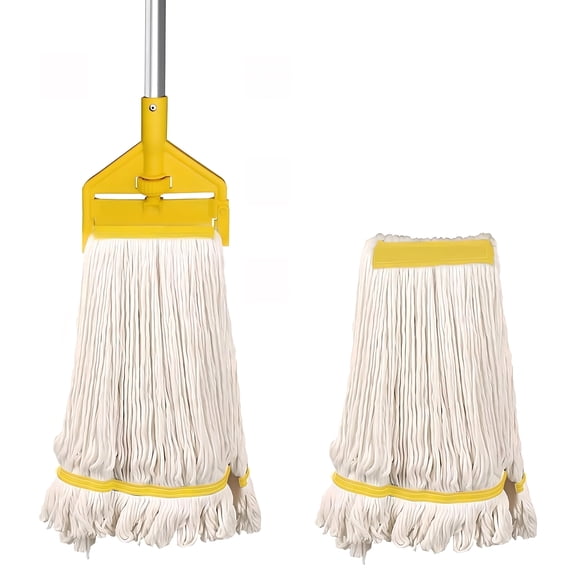 KYascend Heavy Duty Industrial Mop, Commercial Cotton with Long Handle, Looped-End String Wet with 2 Heads for Floor Cleaning, Workshop, Warehouse, Home and Garage